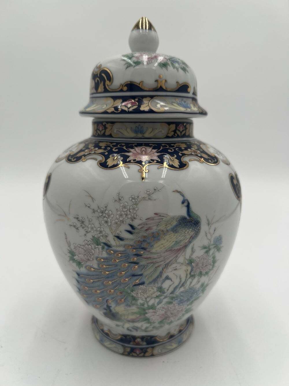 Vintage Japan Porcelain Ginger Jar Peacock Floral Cobalt Blue Gold 8.5”